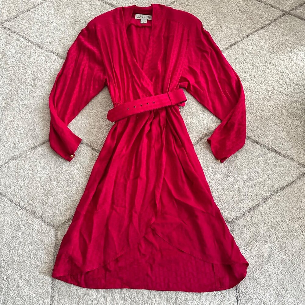 Argenti Vintage 100% Silk Wrap Belted Dress Pink Fuchsia with Belt & Gold-Button